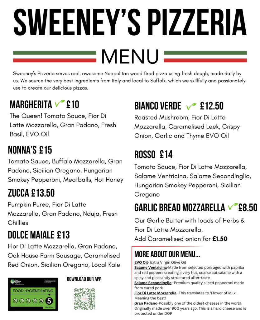 Sweeney's Pizzeria Menu